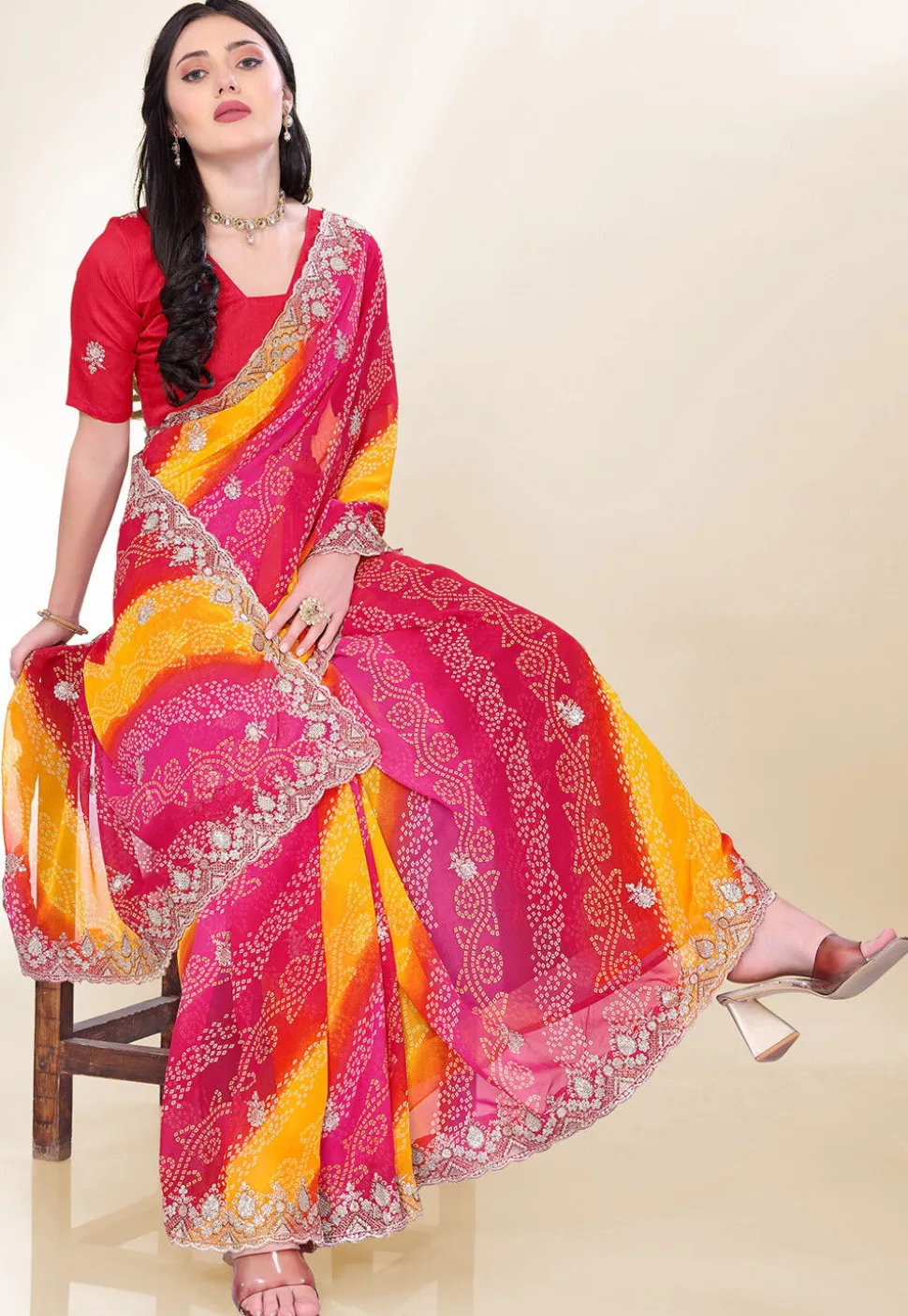 Bandhej Printed Georgette Scalloped Saree in Multicolor