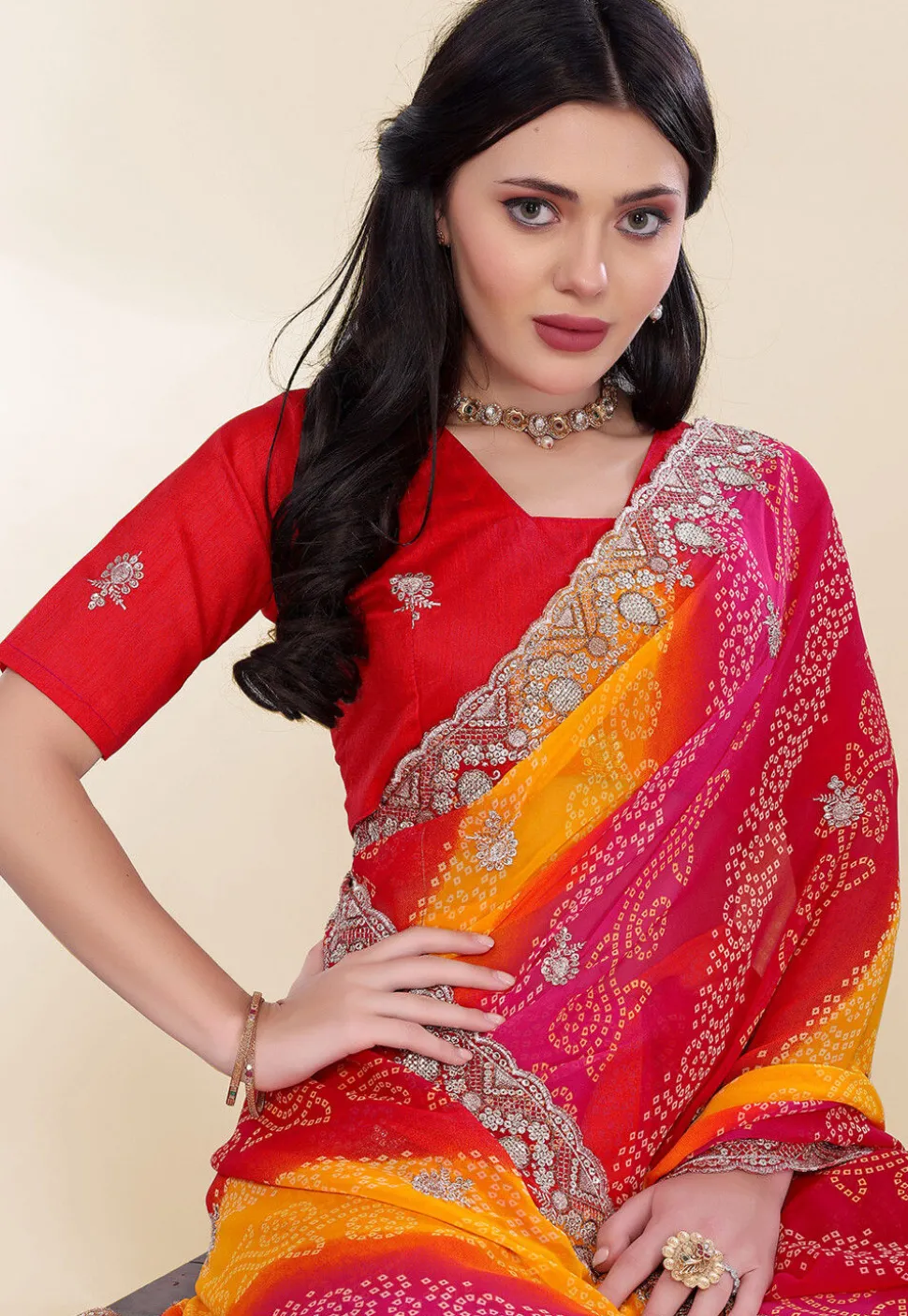 Bandhej Printed Georgette Scalloped Saree in Multicolor