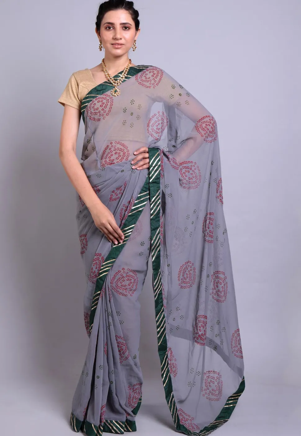 Bandhej Printed Georgette Saree in Grey