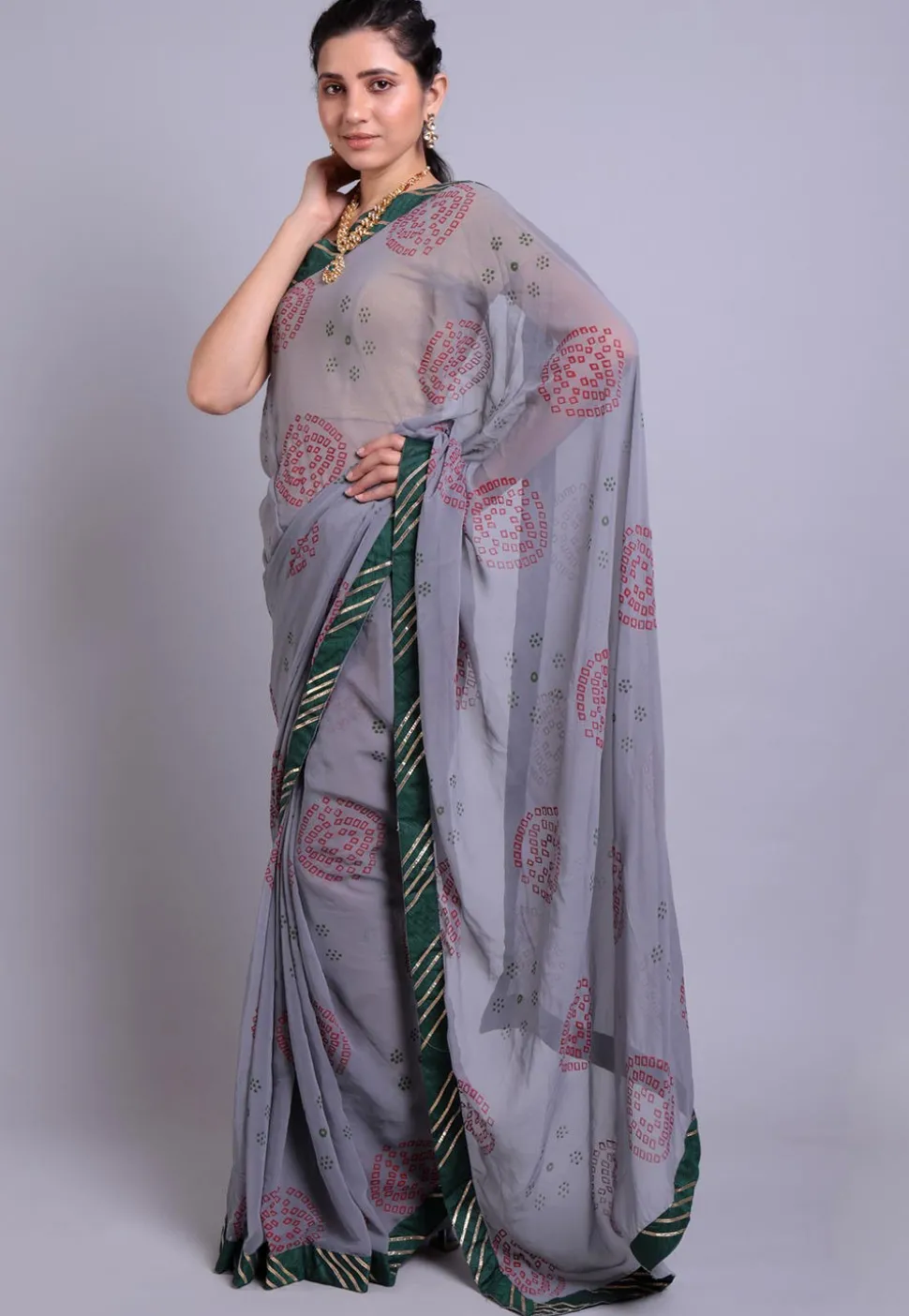 Bandhej Printed Georgette Saree in Grey