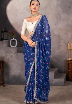 Bandhej Printed Georgette Scalloped Saree in Blue