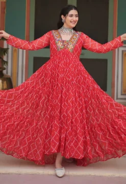 Bandhej Printed Georgette Tiered Gown in Red
