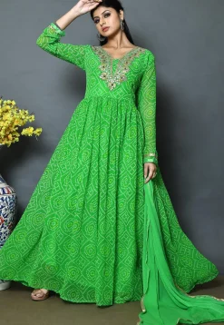 Bandhej Printed Georgette Abaya Style Suit in Green