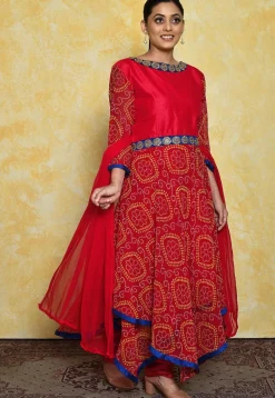 Bandhej Printed Georgette and Art Dupion Silk A Line Suit in Red