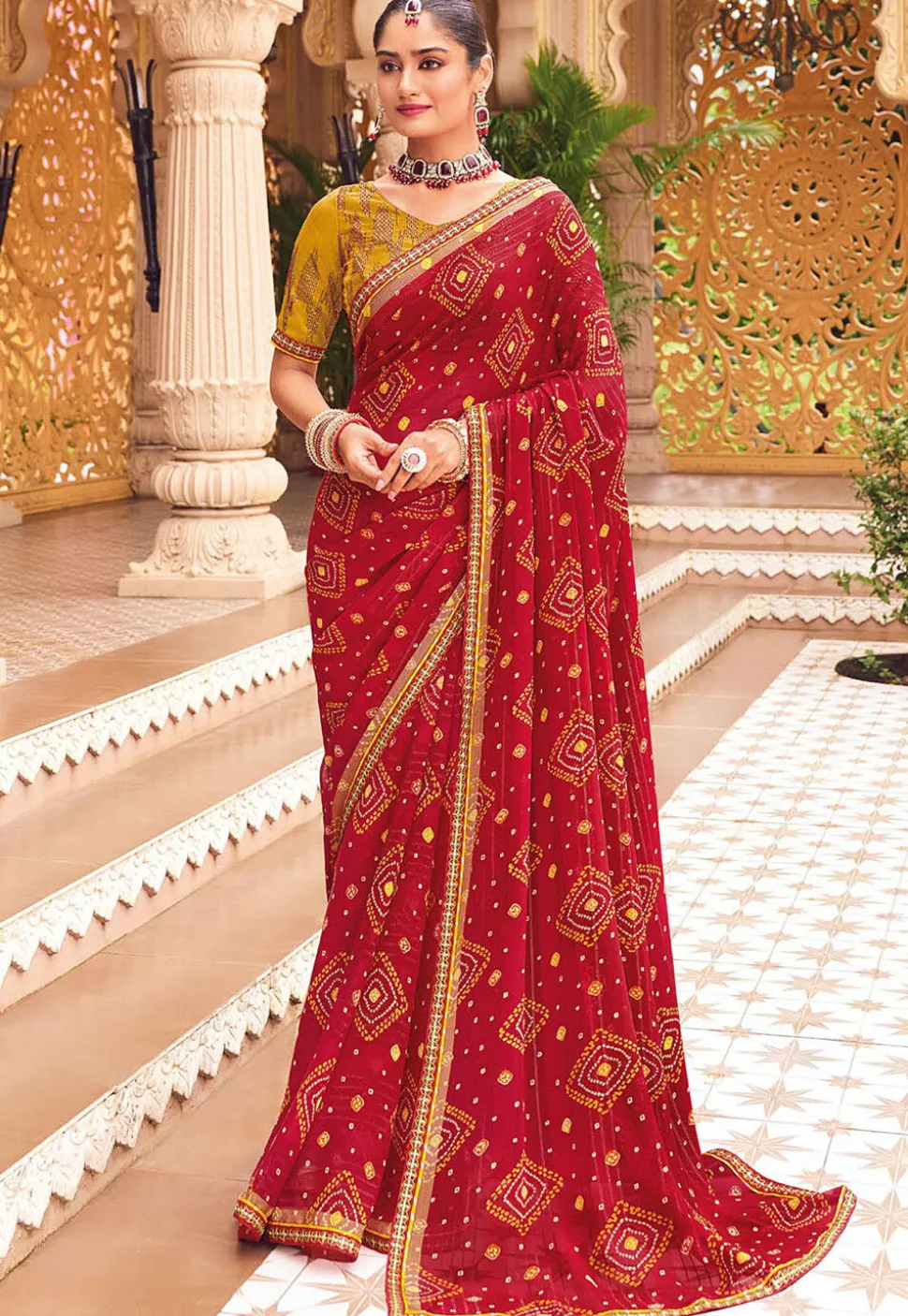 Bandhej Printed Georgette Saree in Red