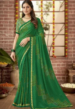 Bandhej Printed Georgette Saree in Green
