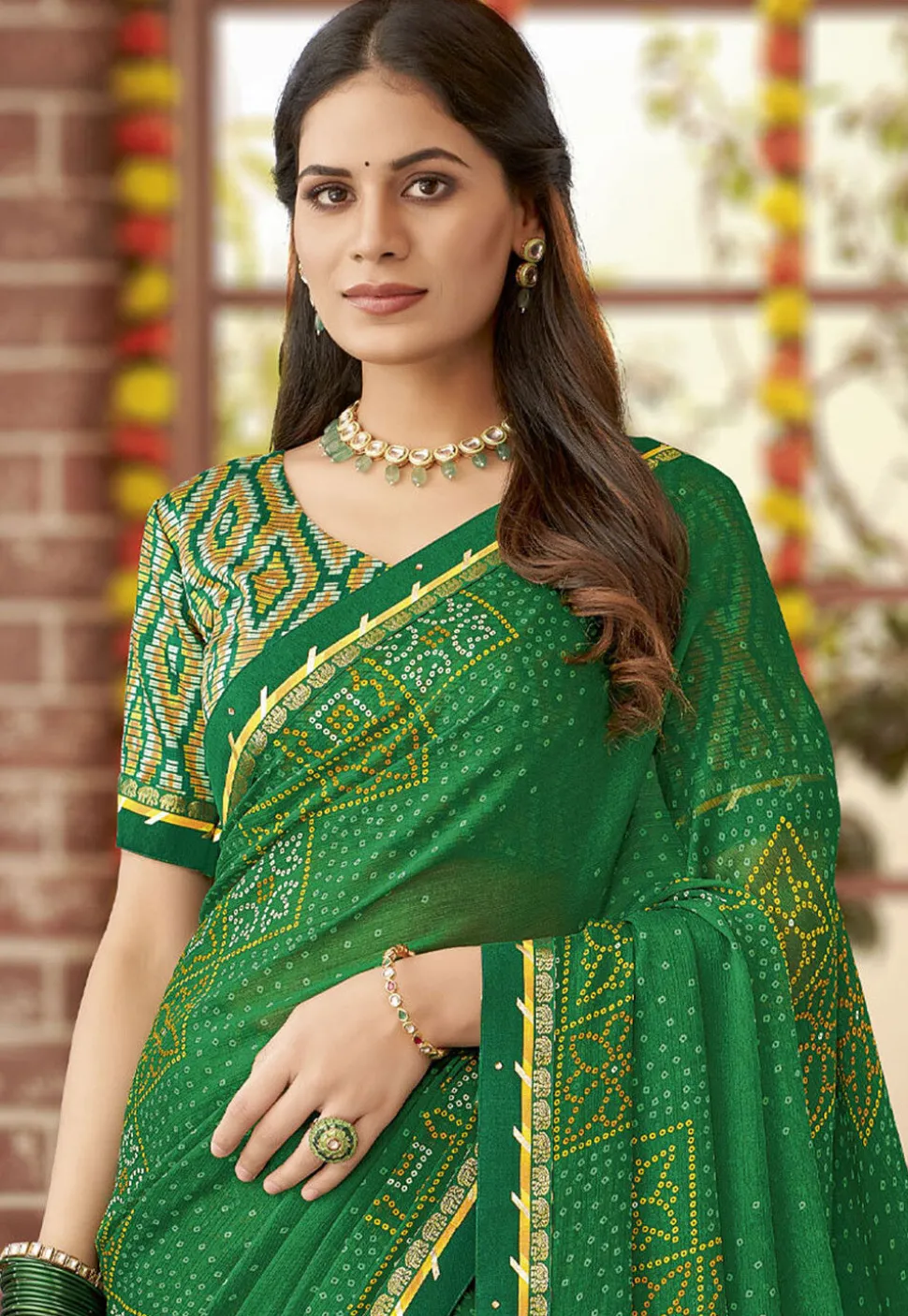 Bandhej Printed Georgette Saree in Green