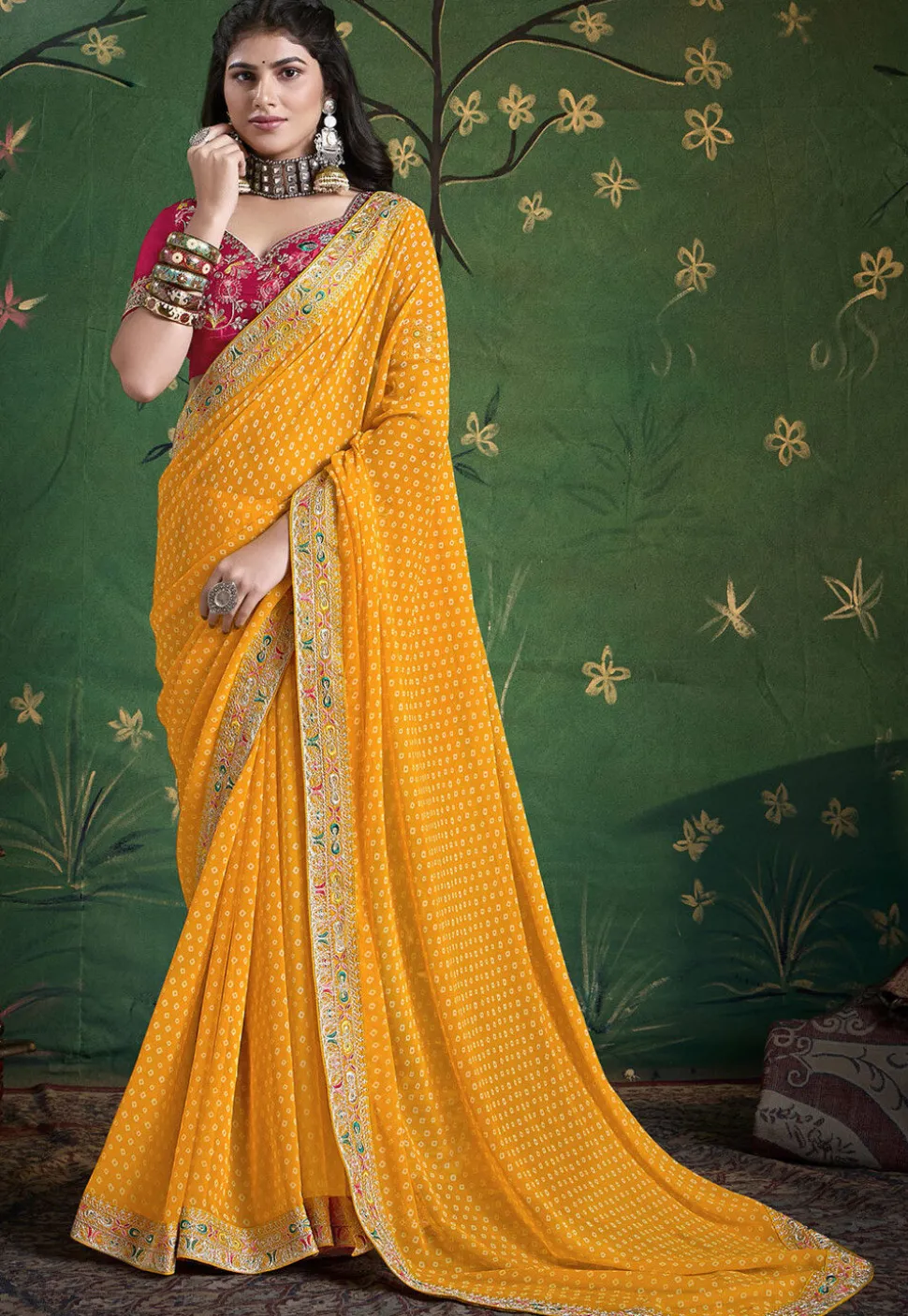 Bandhej Printed Georgette Saree in Yellow