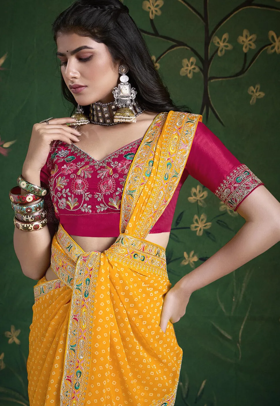 Bandhej Printed Georgette Saree in Yellow