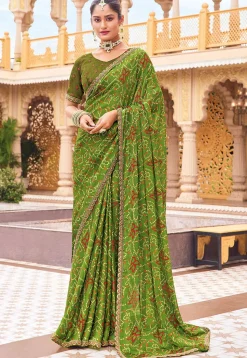 Bandhej Printed Georgette Saree in Olive Green