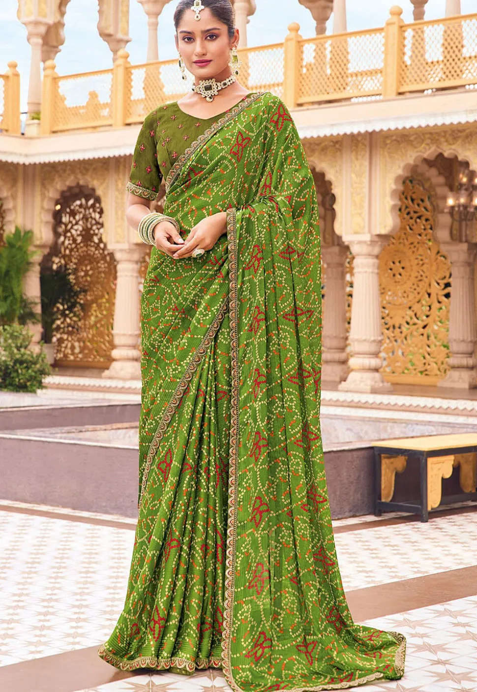 Bandhej Printed Georgette Saree in Olive Green