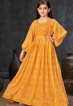 Bandhej Printed Georgette Gown in Mustard