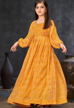 Bandhej Printed Georgette Gown in Mustard