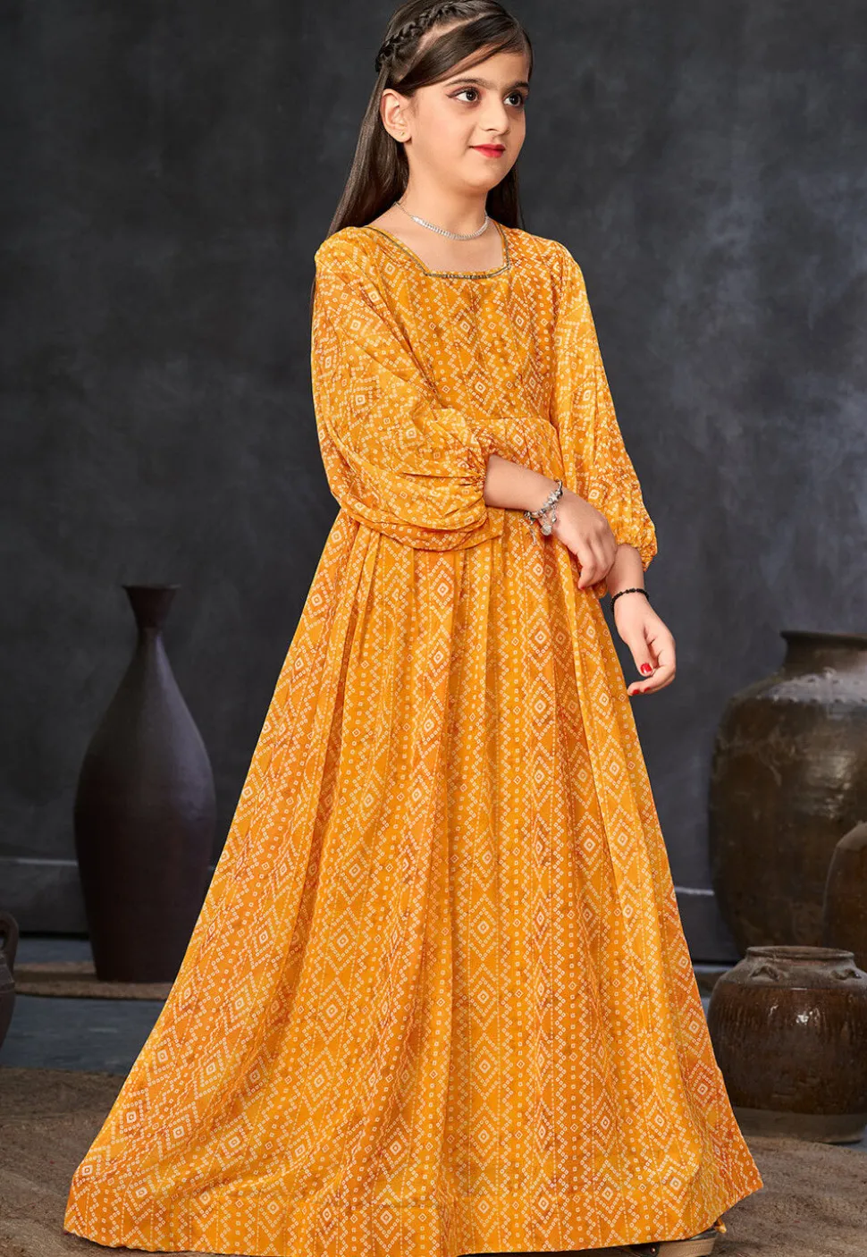 Bandhej Printed Georgette Gown in Mustard