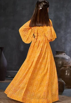 Bandhej Printed Georgette Gown in Mustard