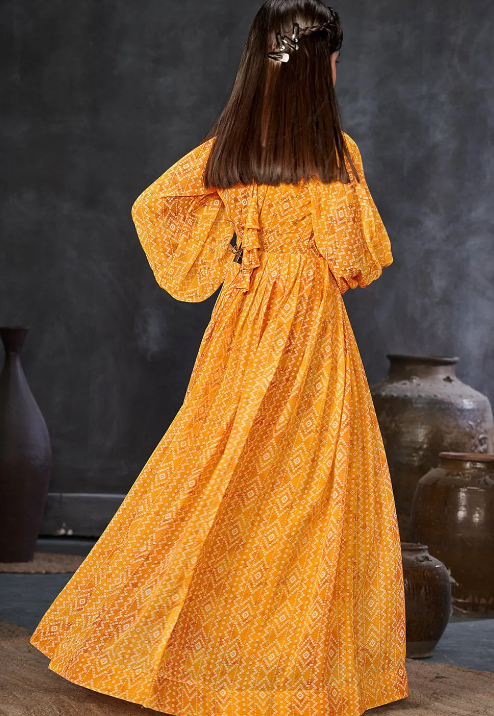 Bandhej Printed Georgette Gown in Mustard