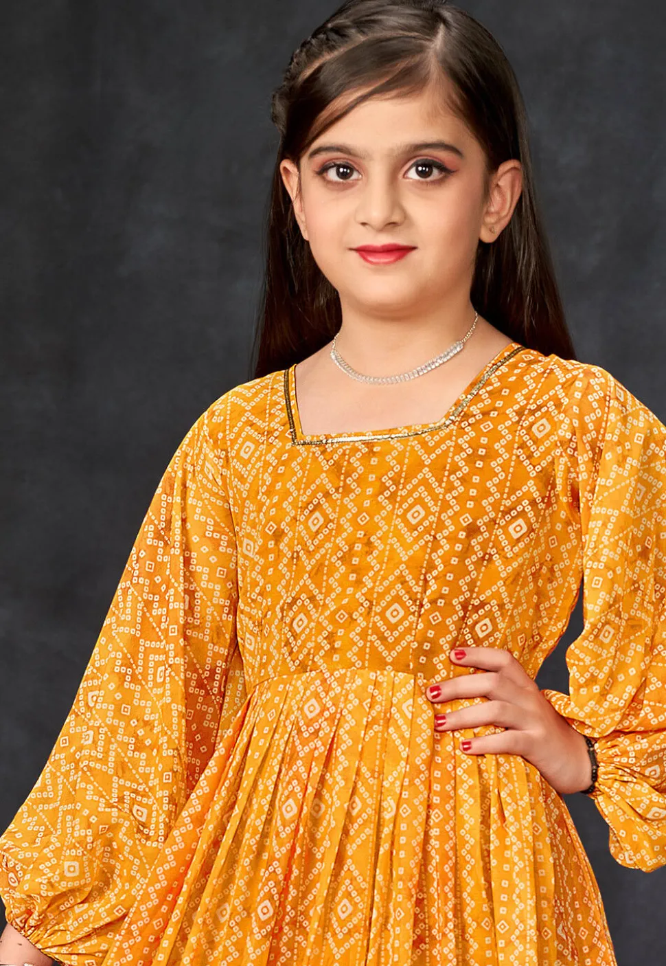 Bandhej Printed Georgette Gown in Mustard