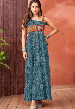 Bandhej Printed Georgette Tiered Gown in Blue