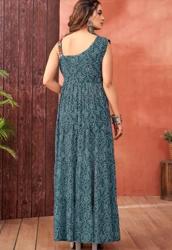 Bandhej Printed Georgette Tiered Gown in Blue