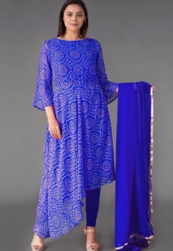 Bandhej Printed Georgette Asymmetric A Line Suit in Royal Blue