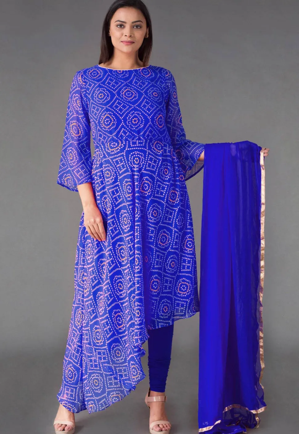 Bandhej Printed Georgette Asymmetric A Line Suit in Royal Blue