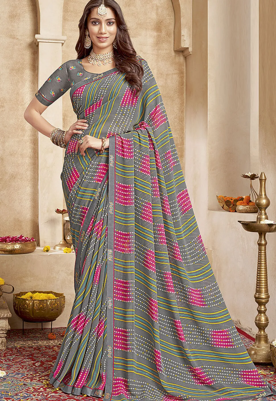 Bandhej Printed Georgette Saree in Grey