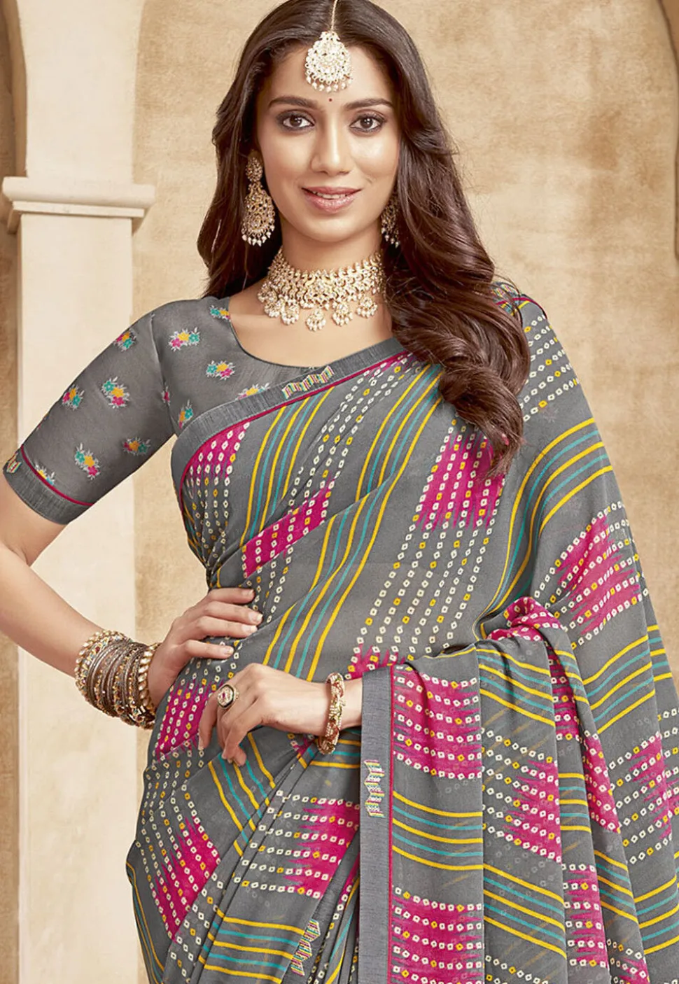 Bandhej Printed Georgette Saree in Grey