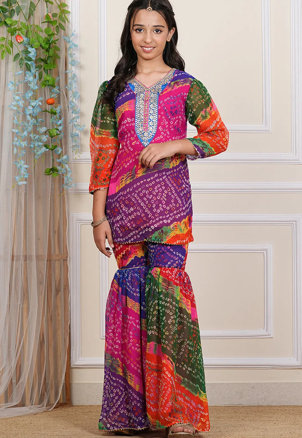 Bandhej Printed Georgette Kurti Set in Multicolor