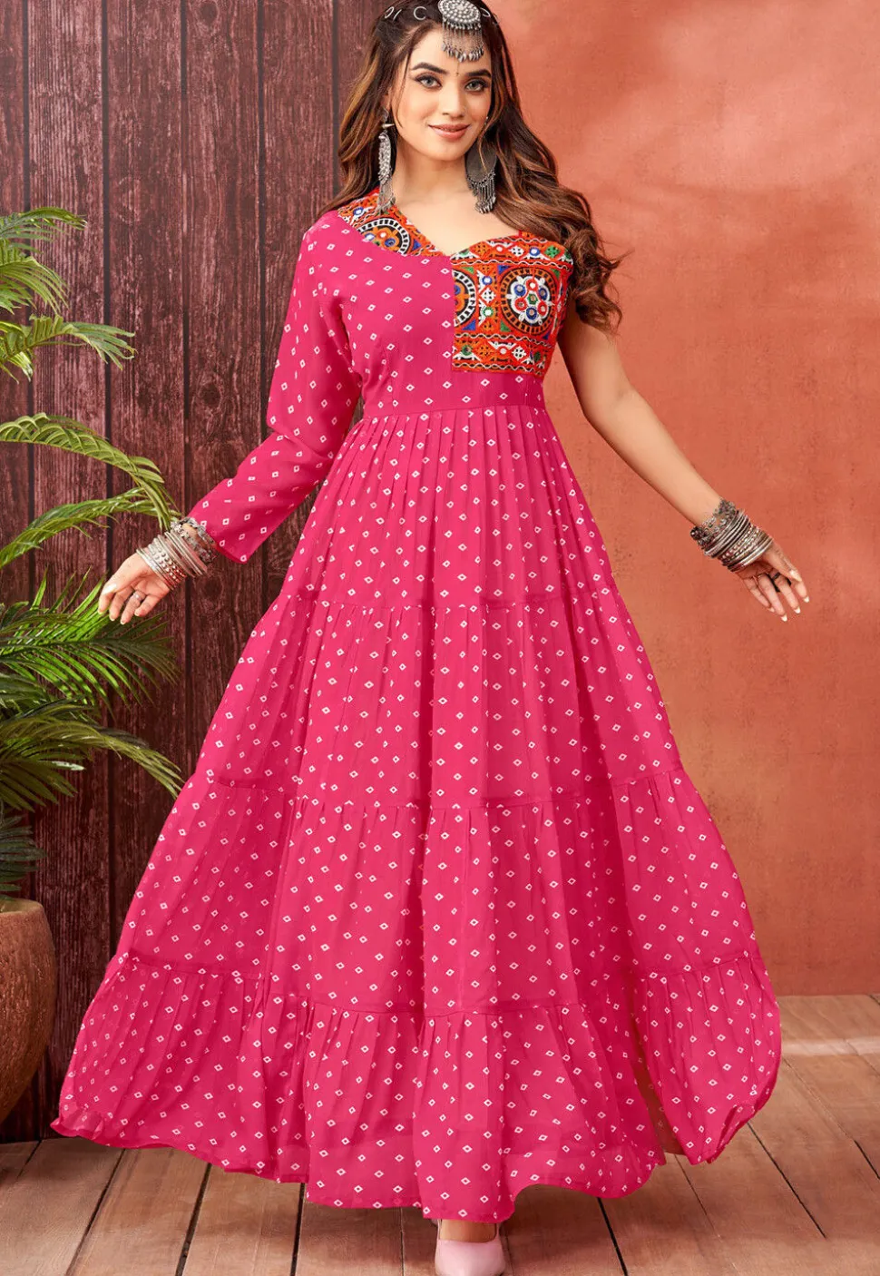 Bandhej Printed Georgette Tiered Gown in Fuchsia