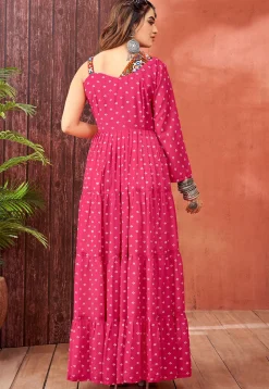 Bandhej Printed Georgette Tiered Gown in Fuchsia