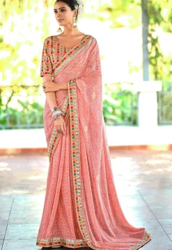 Bandhej Printed Georgette Saree in Peach