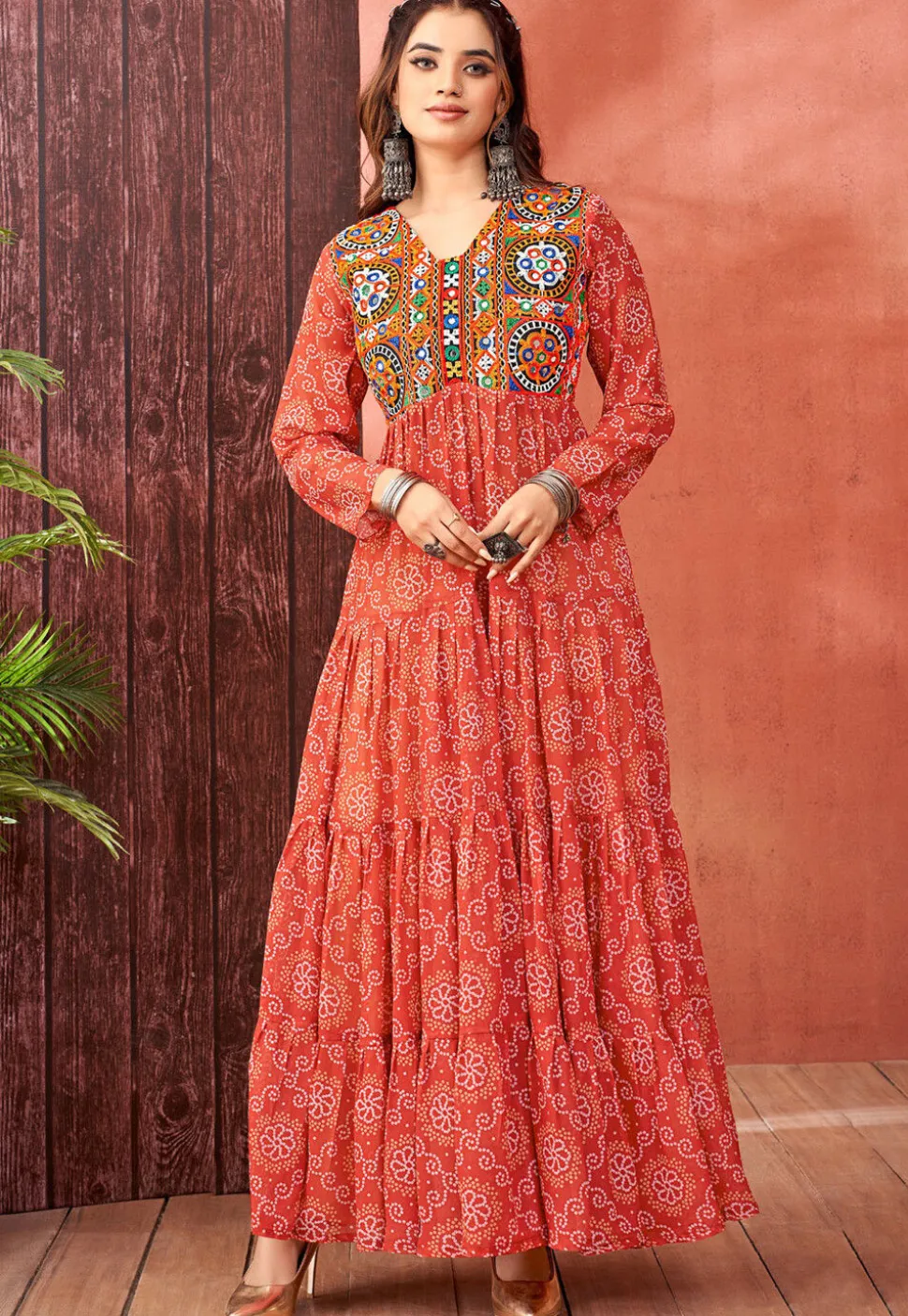 Bandhej Printed Georgette Tiered Gown in Orange