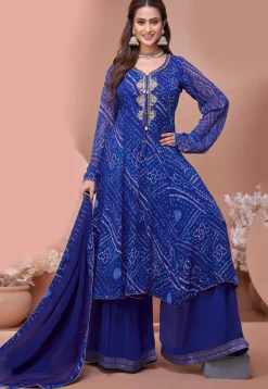 Bandhej Printed Georgette A Line Suit in Royal Blue