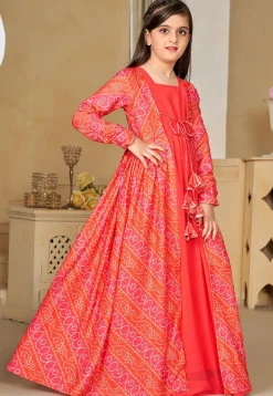 Bandhej Printed Georgette Gown in Red