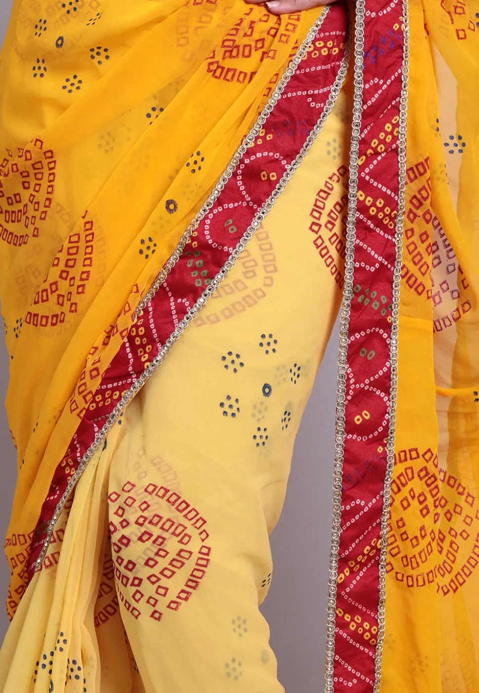 Bandhej Printed Georgette Half N Half Saree in Yellow