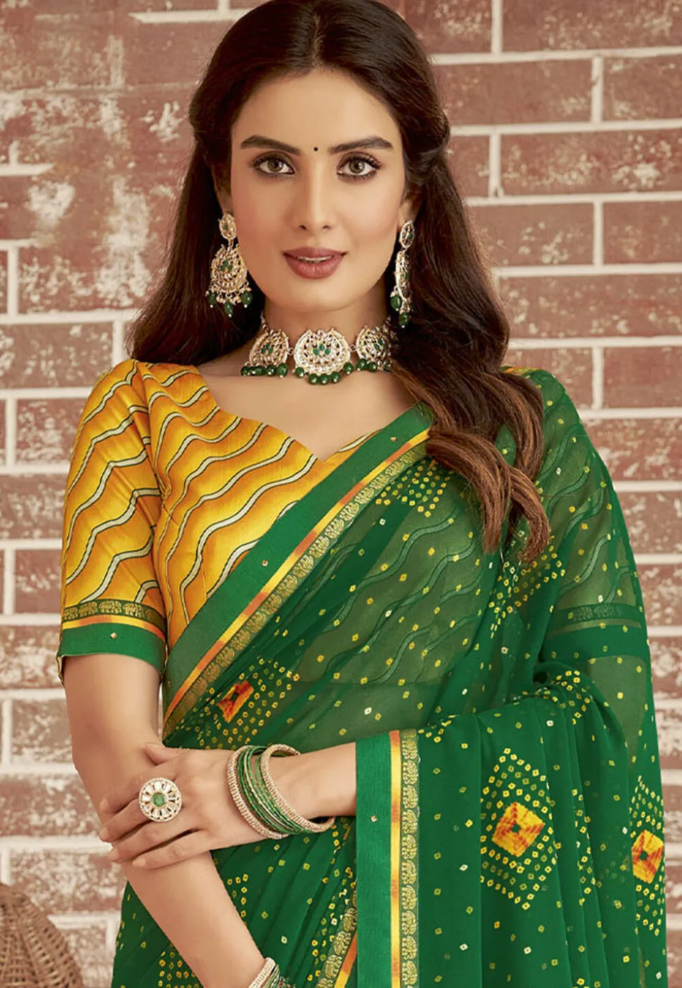 Bandhej Printed Georgette Saree in Green