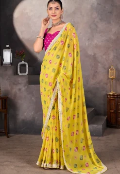 Bandhej Printed Georgette Scalloped Saree in Yellow