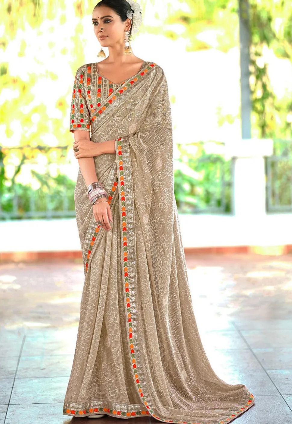 Bandhej Printed Georgette Saree in Grey