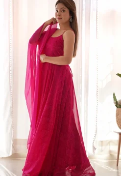 Bandhej Printed Georgette Abaya Style Suit in Fuchsia