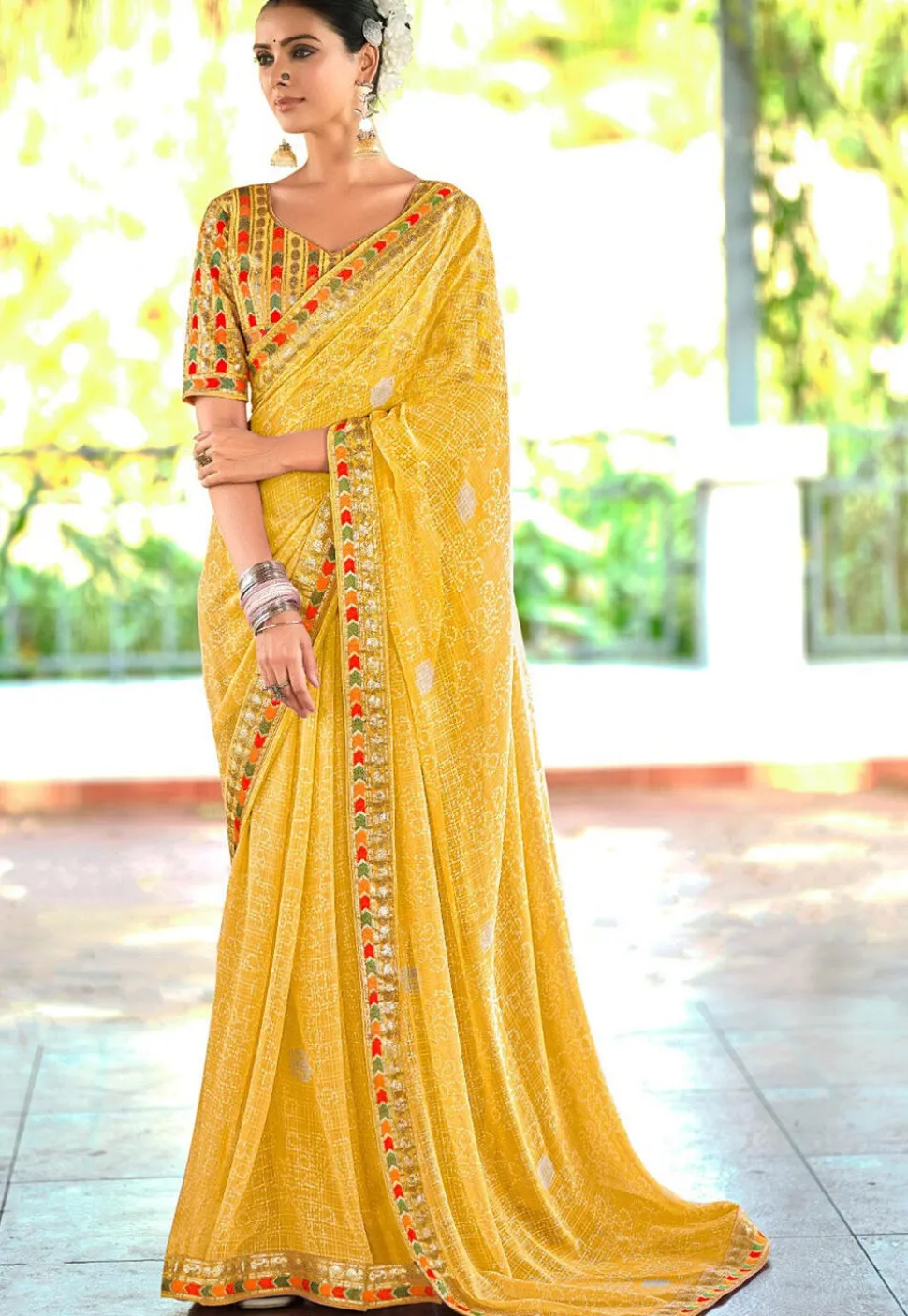 Bandhej Printed Georgette Saree in Yellow