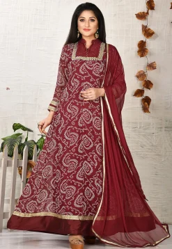 Bandhej Printed Georgette Abaya Style Suit in Maroon