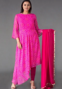 Bandhej Printed Georgette Asymmetrical Suit in Fuchsia