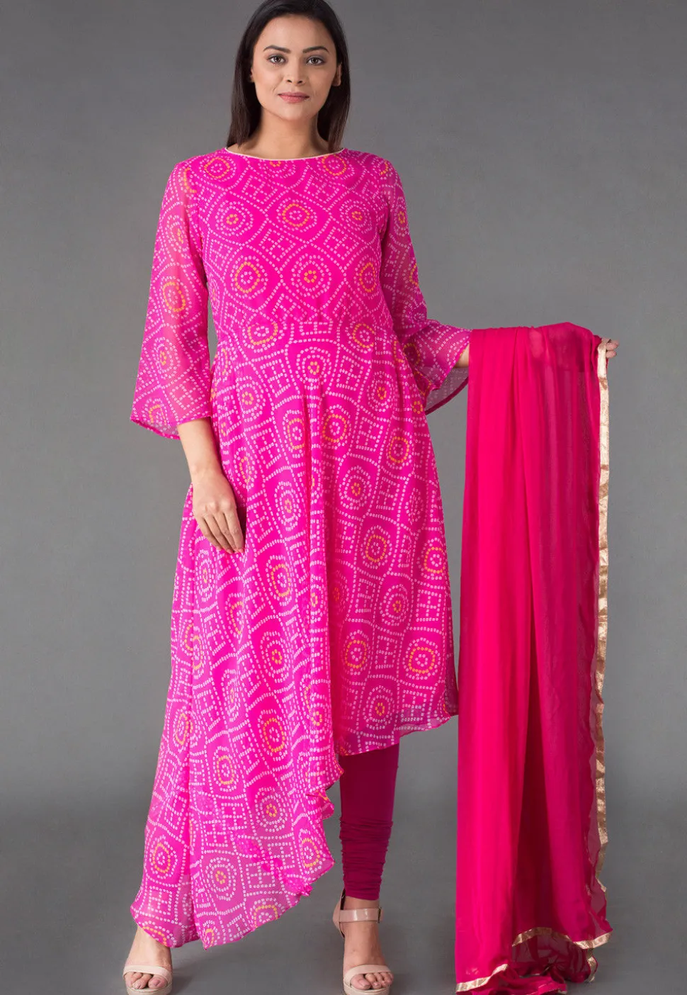Bandhej Printed Georgette Asymmetrical Suit in Fuchsia