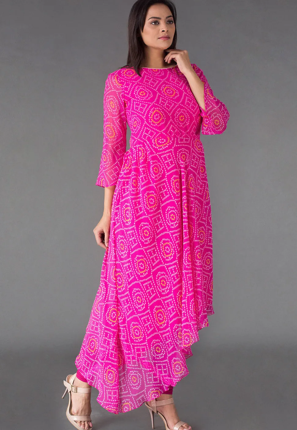 Bandhej Printed Georgette Asymmetrical Suit in Fuchsia