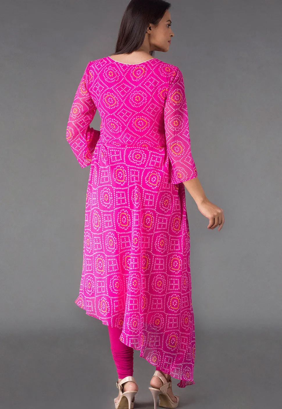 Bandhej Printed Georgette Asymmetrical Suit in Fuchsia