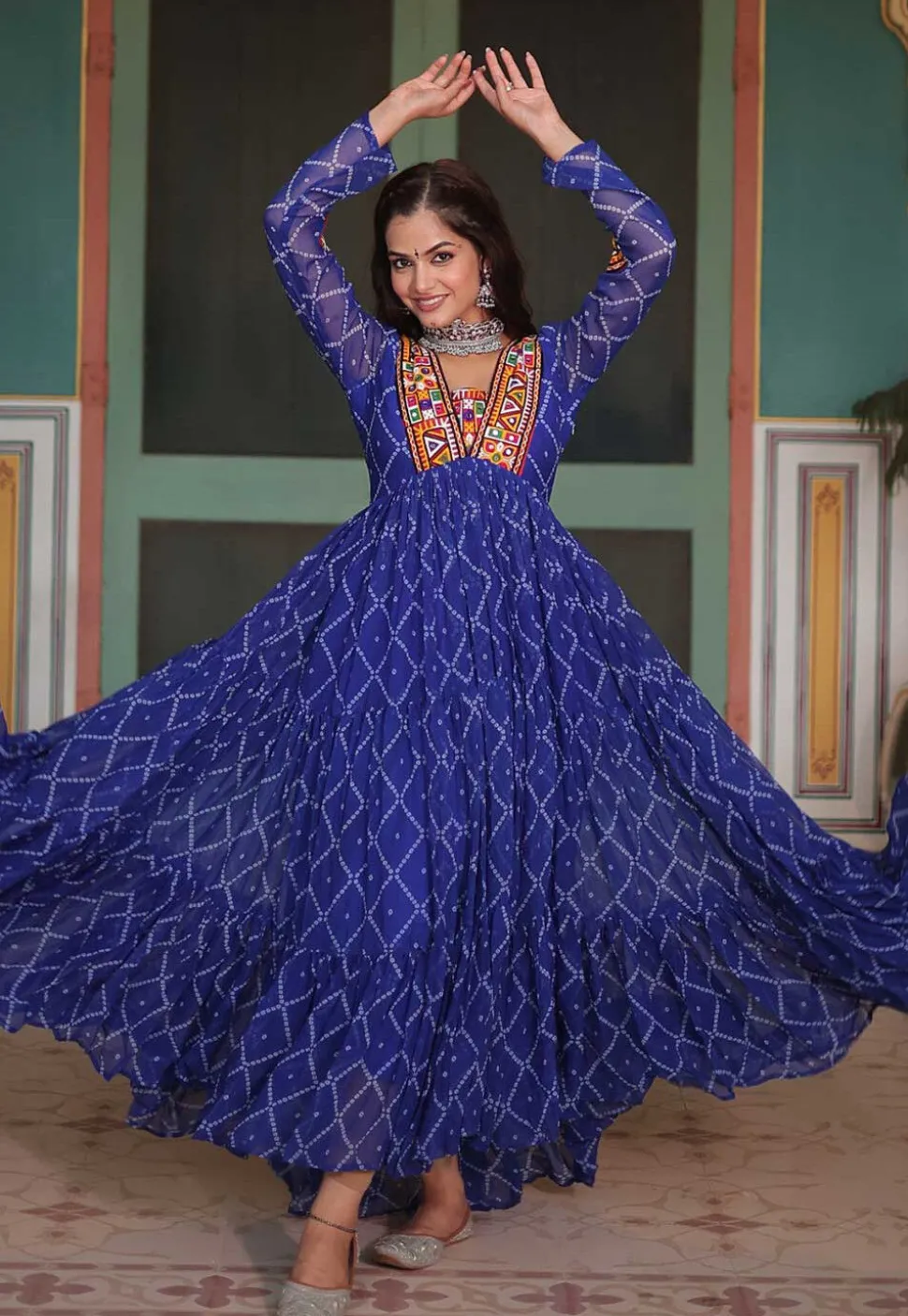 Bandhej Printed Georgette Tiered Gown in Royal Blue