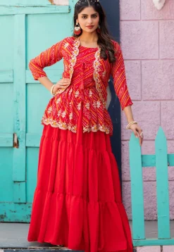 Bandhej Printed Georgette Lehenga in Red