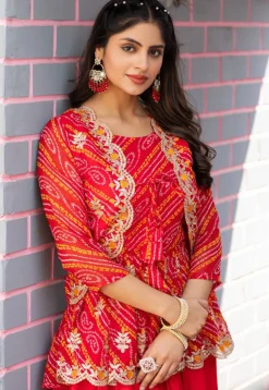 Bandhej Printed Georgette Lehenga in Red