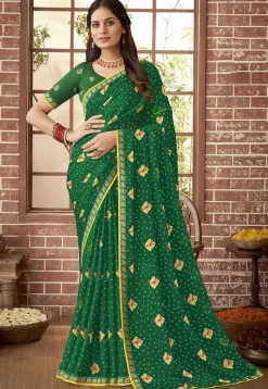 Bandhej Printed Georgette Saree in Green