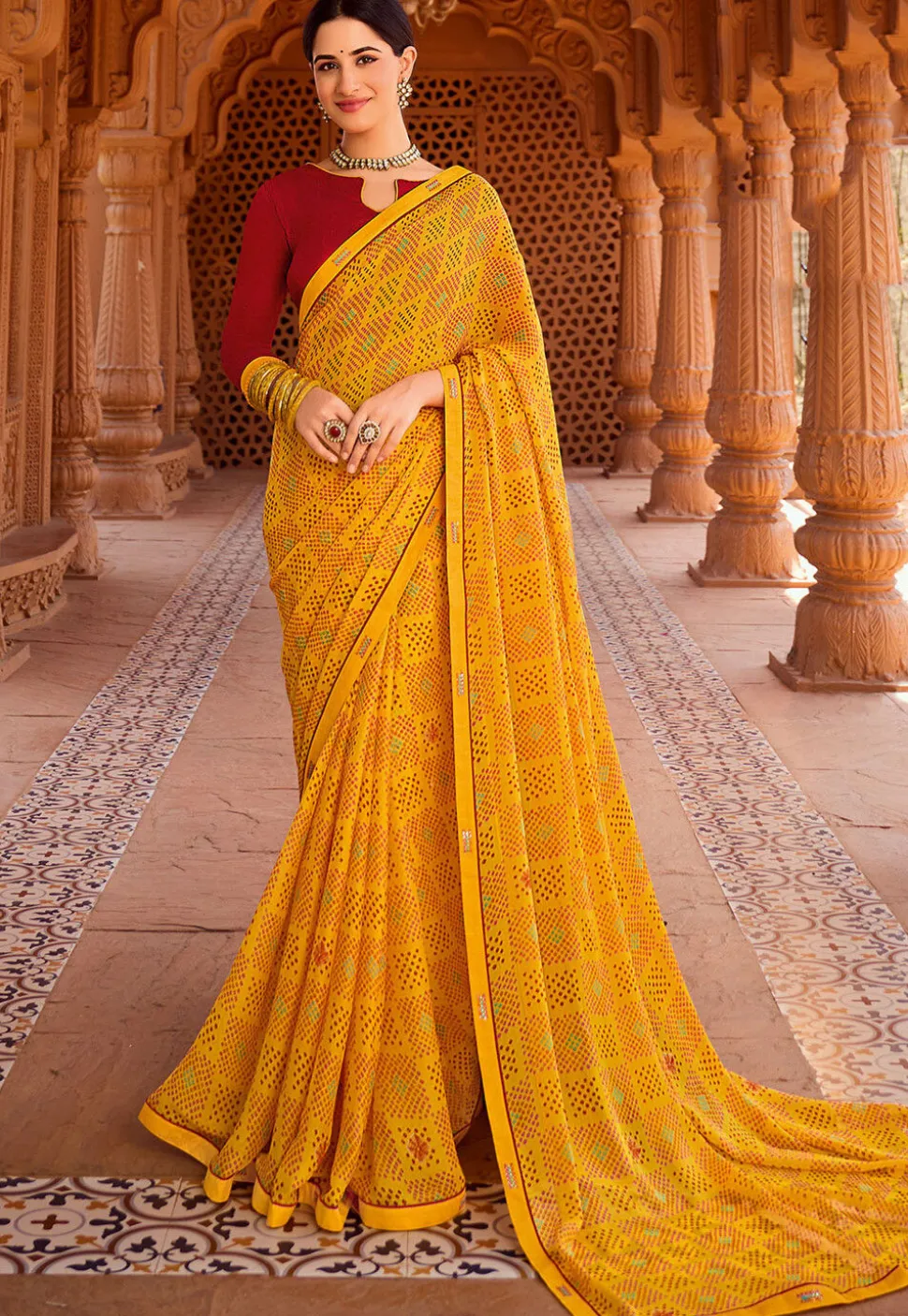 Bandhej Printed Georgette Saree in Yellow